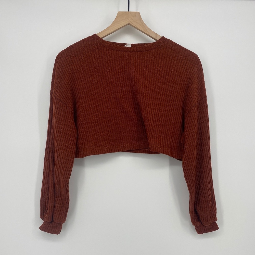 Unbranded Ribbed Long Sleeve Crop Top Small Rust Orange Casual Excellent